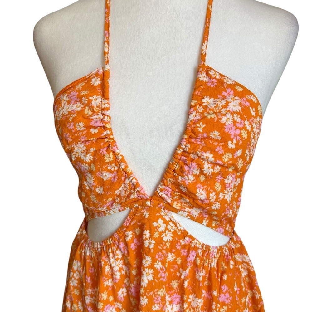 Sky To Moon Floral Cut Out Tie Back Orange Mini Dress Size L - Picture 17 of 17